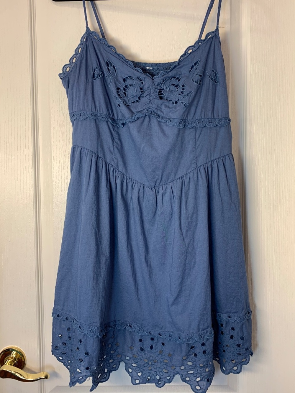 Blue Eyelet Lace Summer Dress Adjustable Straps Lined Boho Cottagecore Medium